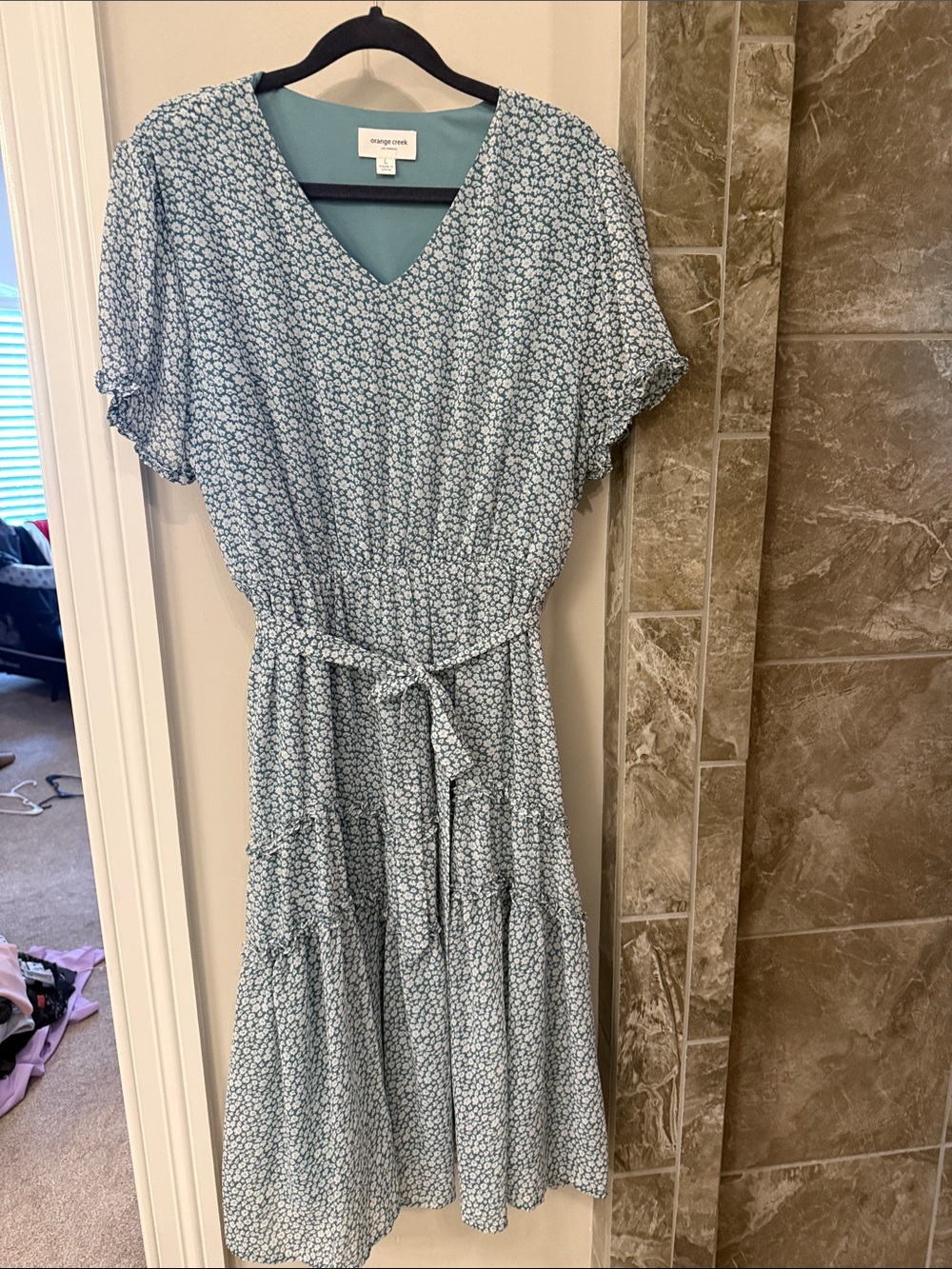 orange creek Blue Floral V-Neck Tiered Midi Dress